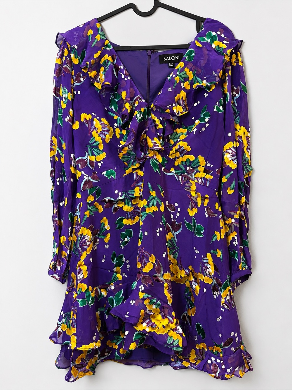 SALONI Purple Floral Ruffle V-Neck Long Sleeve Dress